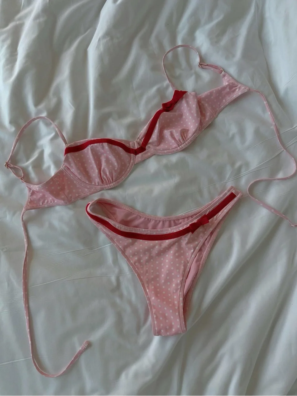 New Frankie’s Bikinis Set Morning Dove Pink Red Love Sexy Bra Polka Dot Medium